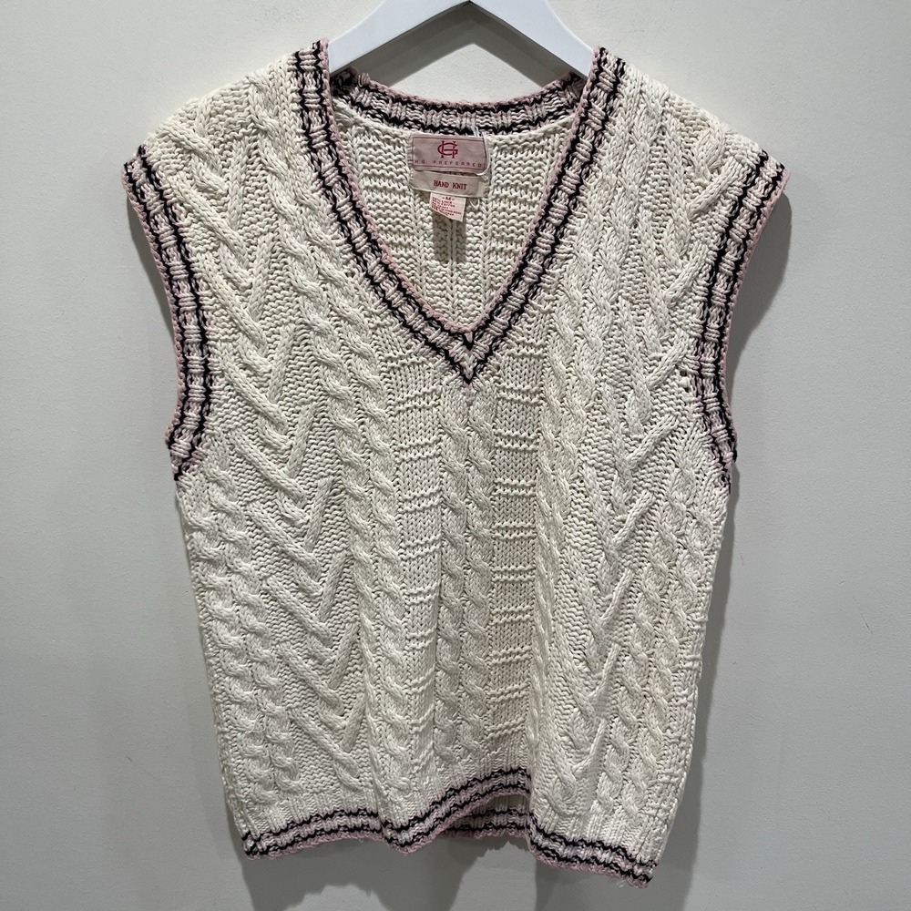 Vtg Hand Knit Cable Knit Sweater Vest Womens Linen‎ Cotton HG Preferred M Preppy